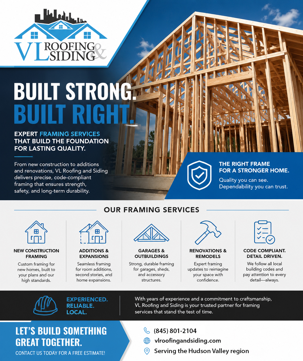Wood framing of a house under construction with information about VI Roofing & Siding’s framing services, including new construction, additions, garages, renovations, and contact details. Wood framing of a house under construction with information about VI Roofing & Siding’s framing services, including new construction, additions, garages, renovations, and contact details.